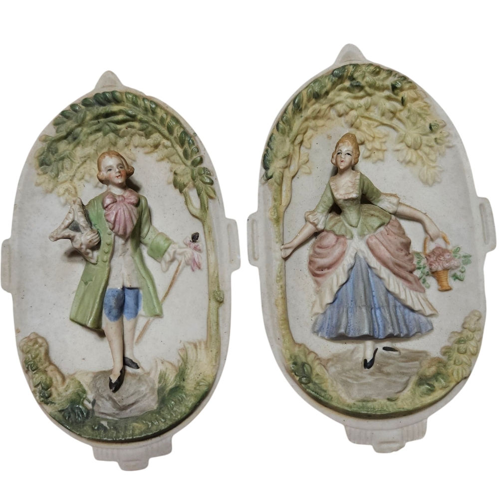 Vintage Chase Made IN Occupied Japan Porcelain 2 Wall Plaques with Man Woman